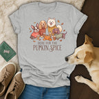 Grey t-shirt with four dogs, pumpkins, and coffee cups. Text reads "HERE FUR THE PUPKIN SPICE".