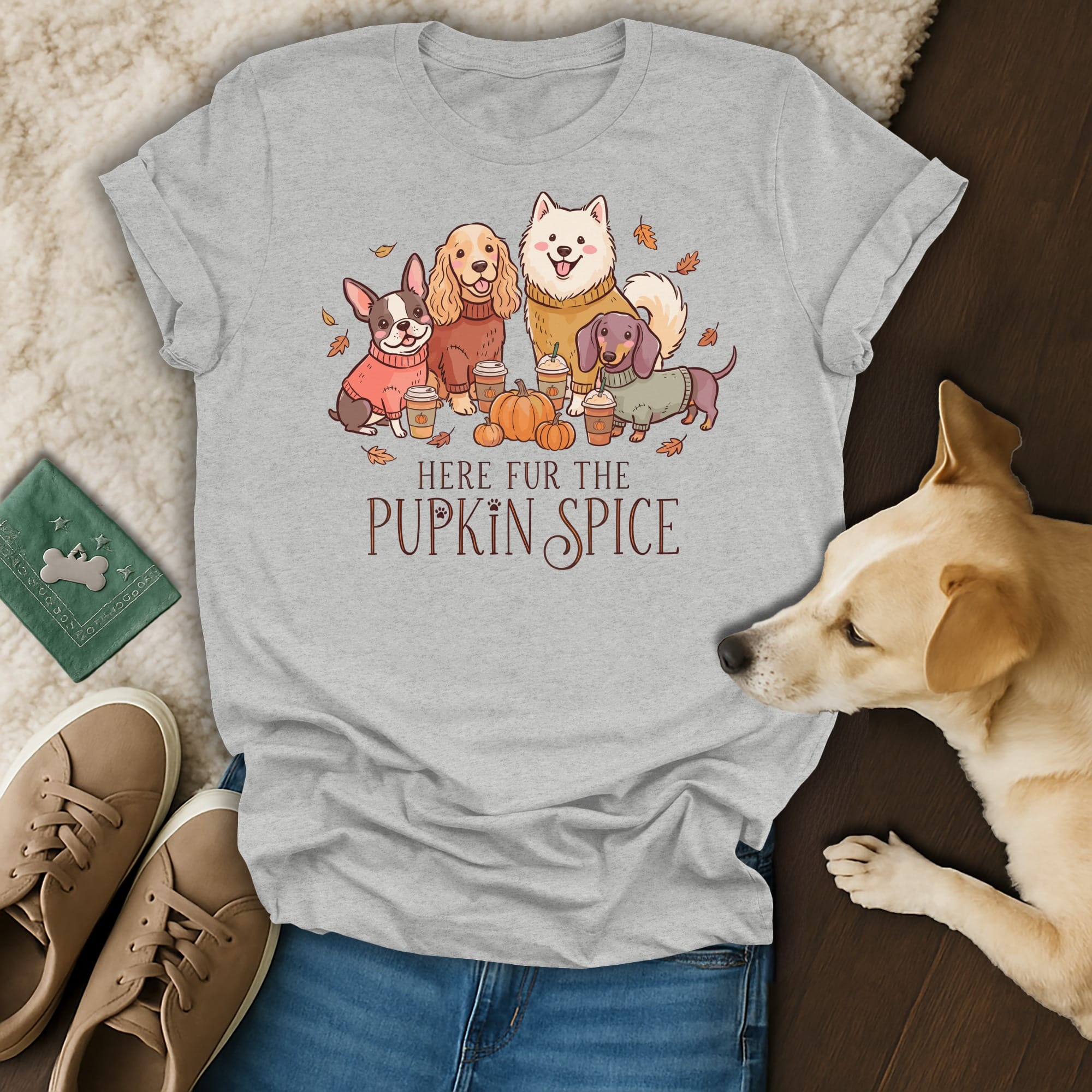 Grey t-shirt with four dogs, pumpkins, and coffee cups. Text reads "HERE FUR THE PUPKIN SPICE".