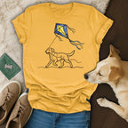 Yellow t-shirt with a black line drawing of a dog flying a kite.
