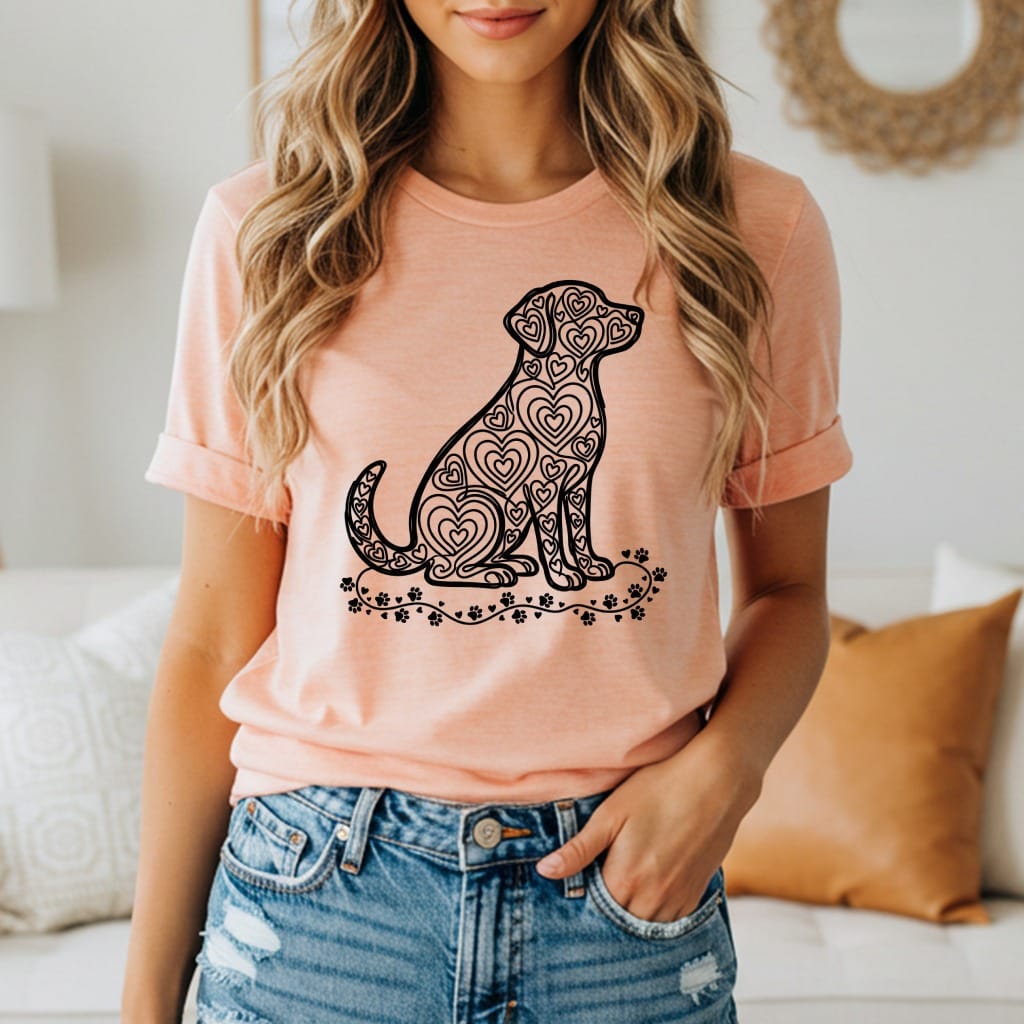 Peach t-shirt with black outline of dog made of hearts.