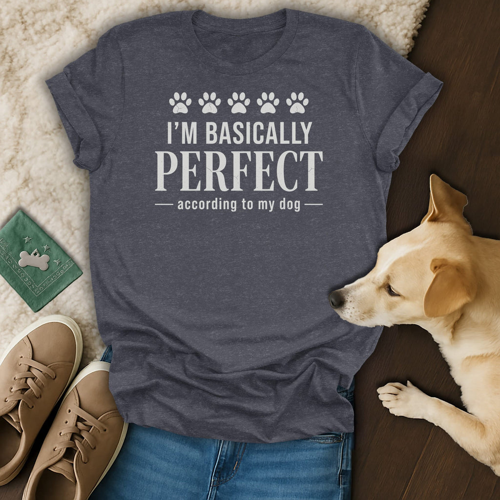 Dark grey t-shirt with white text reading "I'M BASICALLY PERFECT - according to my dog".