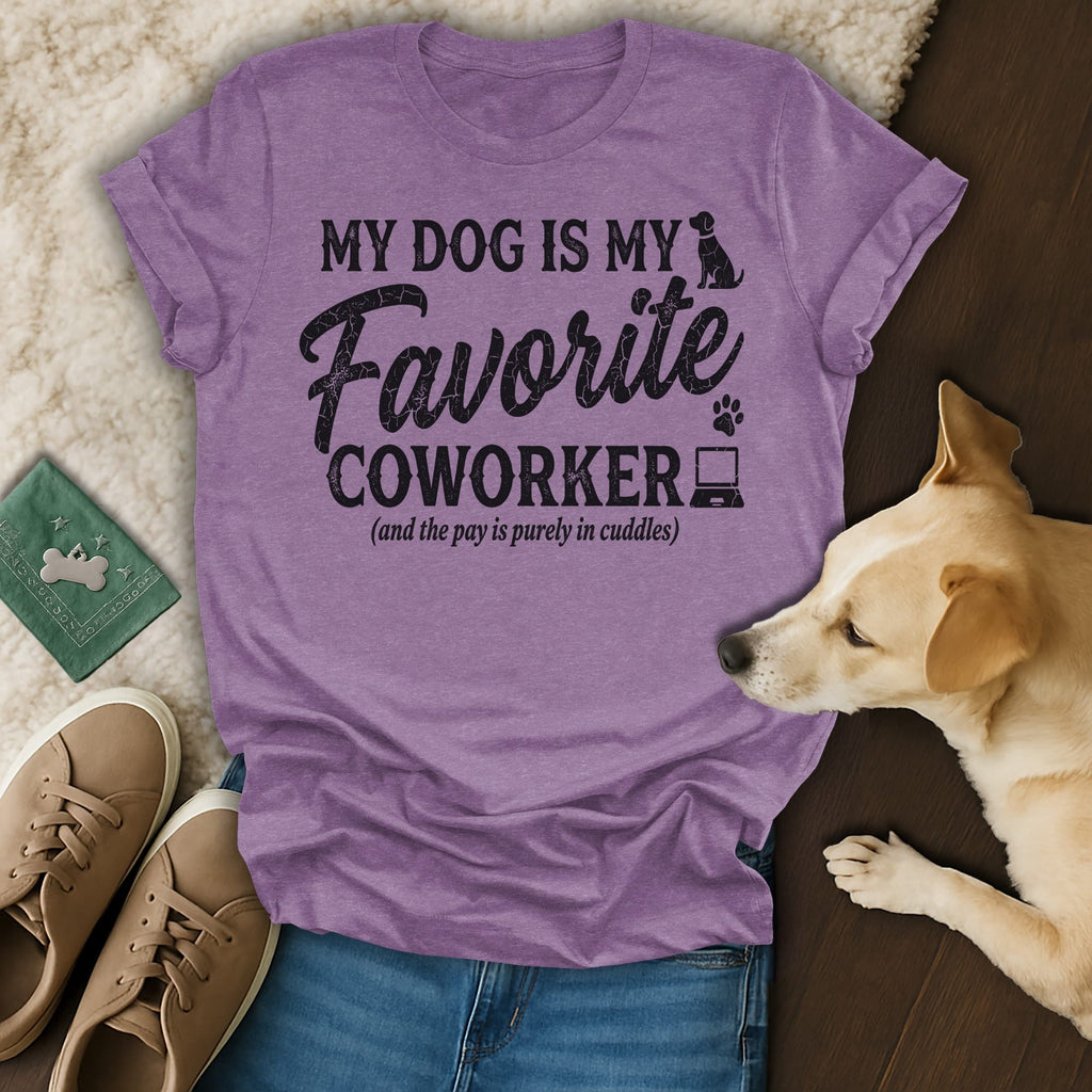 Purple t-shirt with "My Dog is My Favorite Coworker" text and dog icon.