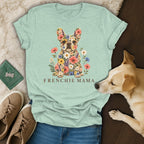 Mint green t-shirt featuring a floral French bulldog graphic and the text Frenchie Mama.