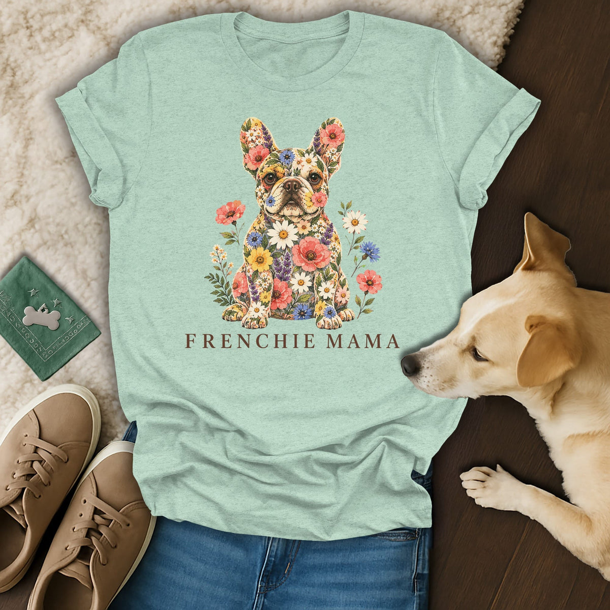 Mint green t-shirt featuring a floral French bulldog graphic and the text Frenchie Mama.