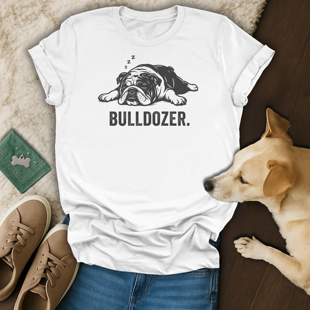 White t-shirt with sleeping bulldog graphic and "BULLDOZER." text.