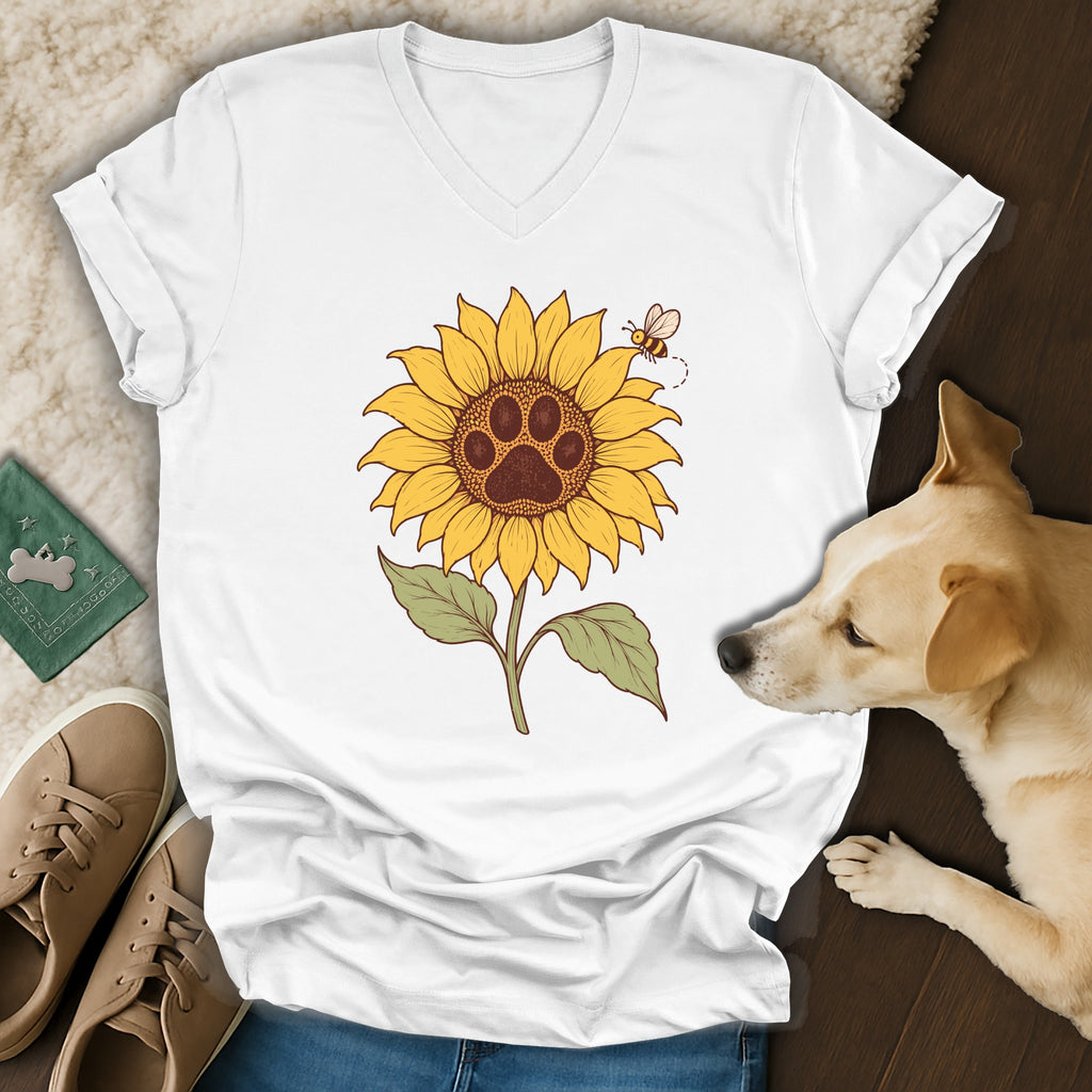 A white V-neck t-shirt featuring a sunflower graphic with a dog paw center and a small bee.