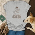 Light grey t-shirt with a brown line drawing of a dog wearing sunglasses holding coffee and wine.