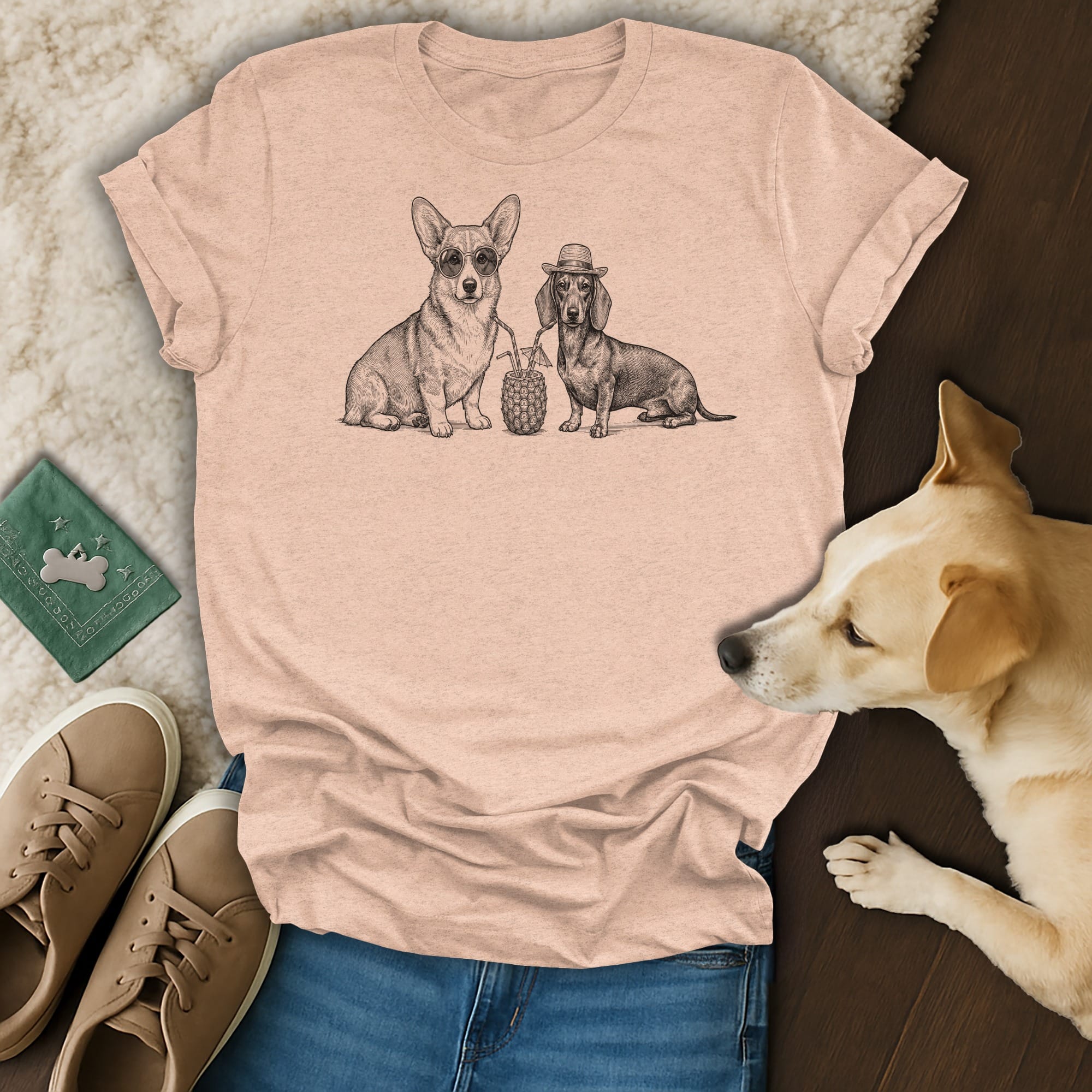 Two dogs, a Corgi and a Dachshund, wear sunglasses and a hat.