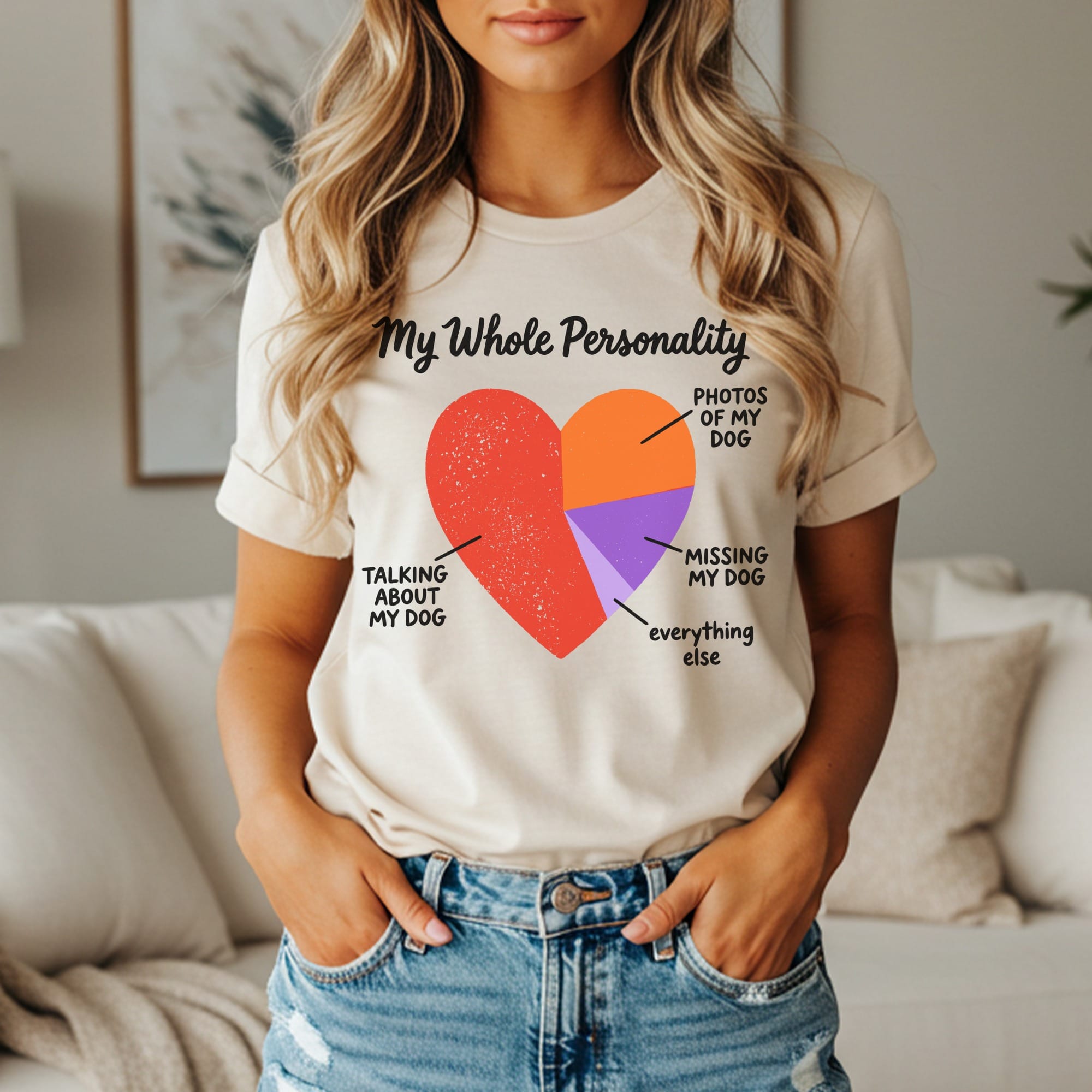 T-shirt with "My Whole Personality" text and a pie chart detailing dog-related interests.