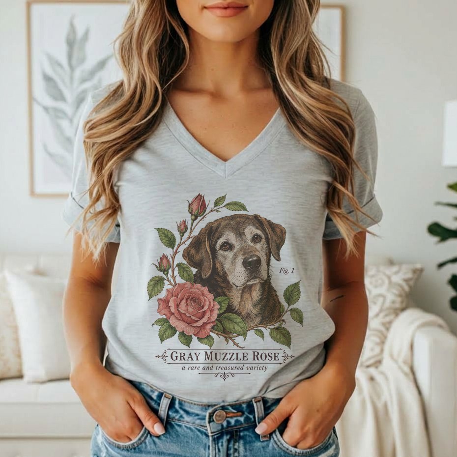 A person wears a heather-gray V-neck t-shirt featuring a botanical illustration of an older dog and pink roses, with the text Gray Muzzle Rose below.