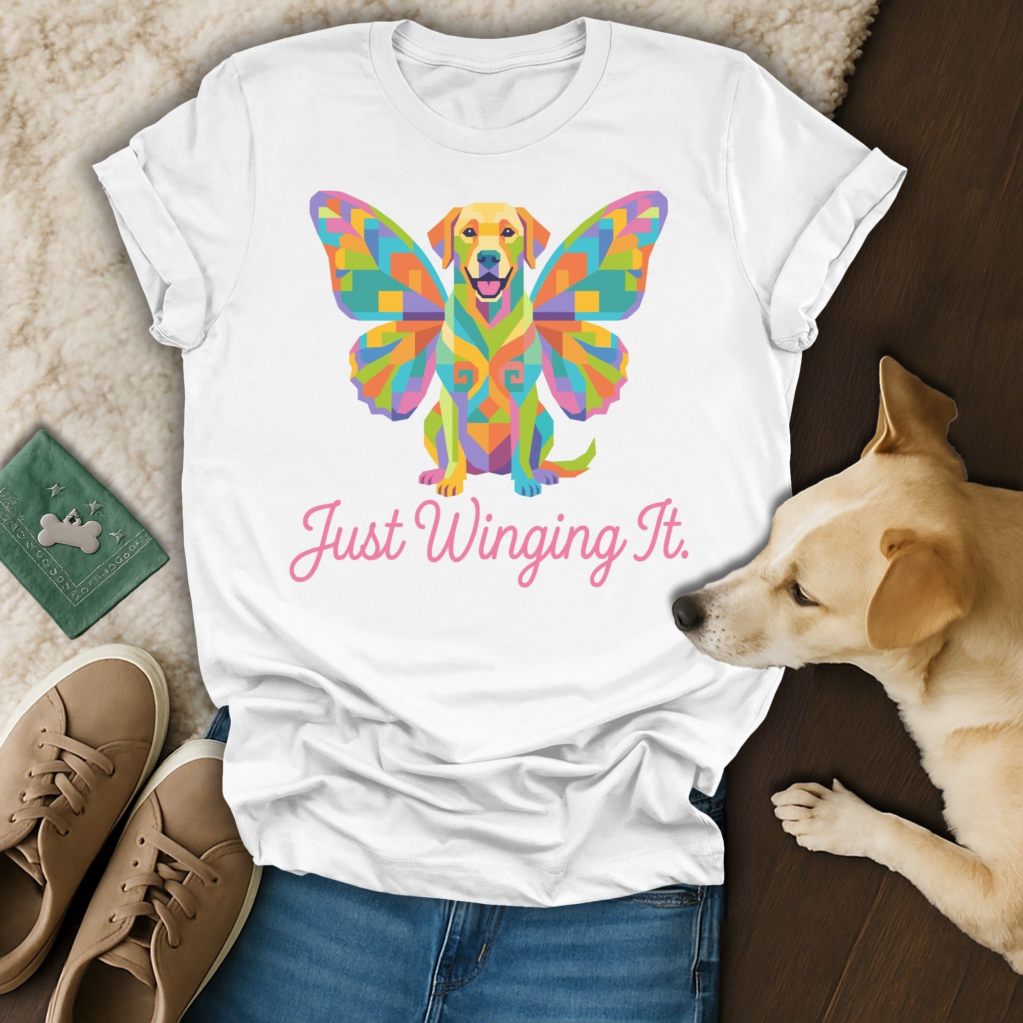Colorful Geometric Dog Wings Just Winging It product type
Dog shirt, Butterfly wings, Geometric dog, Colorful design, Pixel art, Just Winging It, Labrador art, Dog lover gift, Unique graphic, Animal print, Whimsical design, Pet owner, Happy dog, Vibrant colors, Abstract dog, Fun shirt, Creative design, Canine shirt, Winged animal, Dog graphic tee