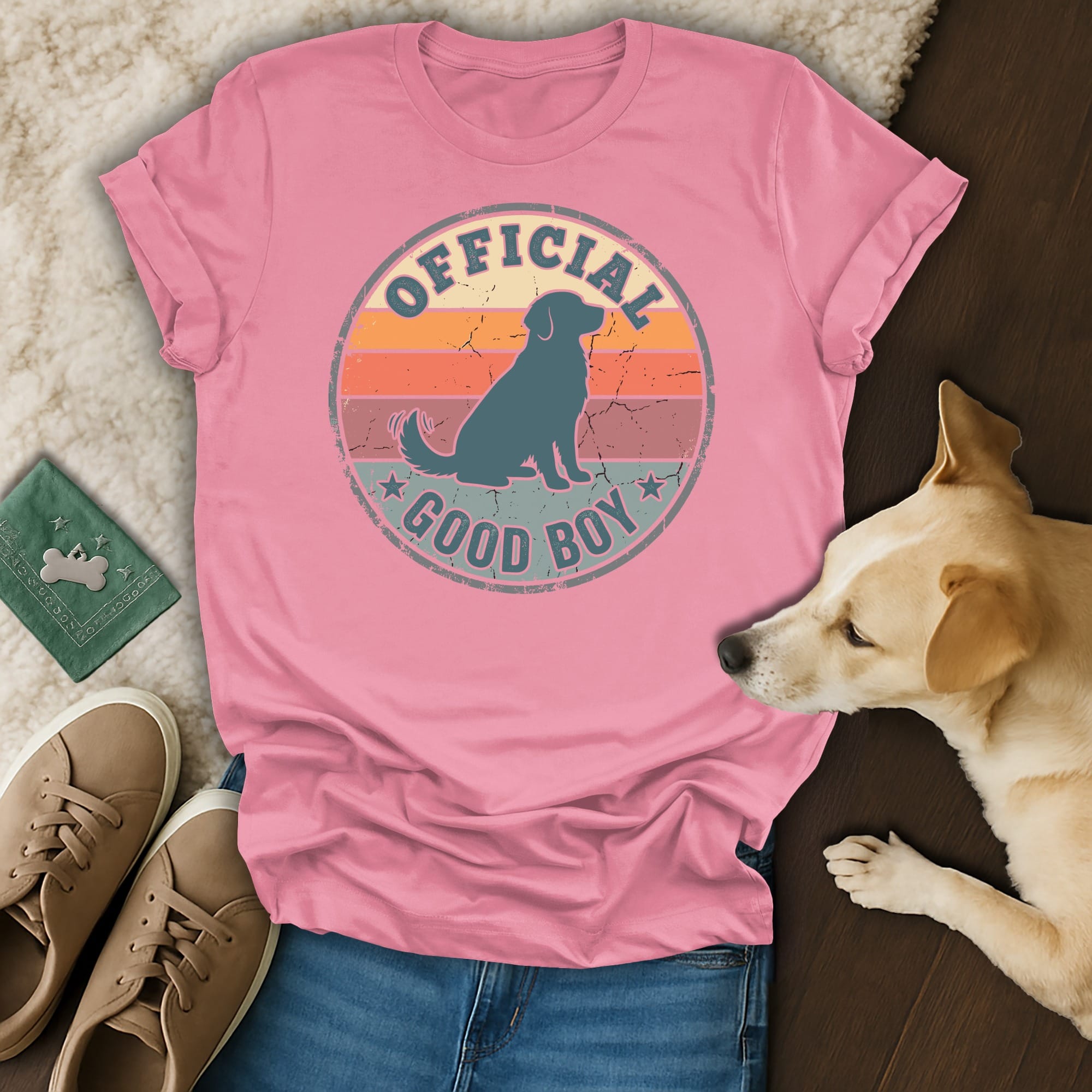 Pink t-shirt with "Official Good Boy" graphic featuring a dog and sunset.