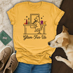 Yellow t-shirt with "Glam-Fur-Us" text and poodle makeup illustration.