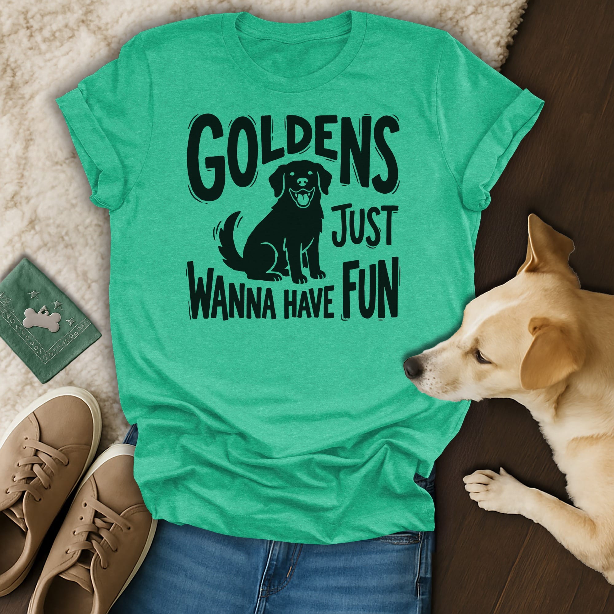 Teal t-shirt with "GOLDENS JUST WANNA HAVE FUN" and a dog silhouette.