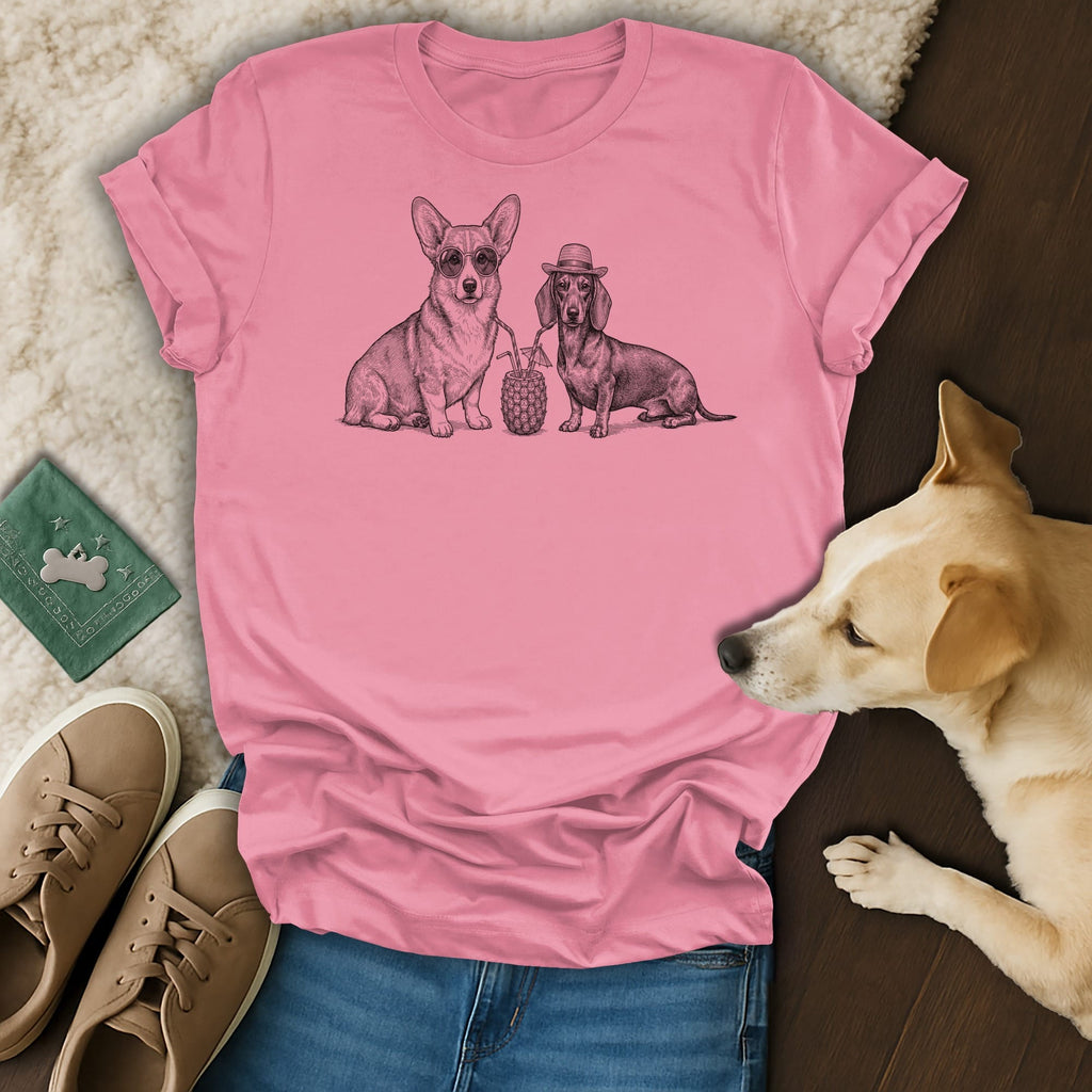 Corgi and dachshund wearing sunglasses and hat, holding a pineapple drink.