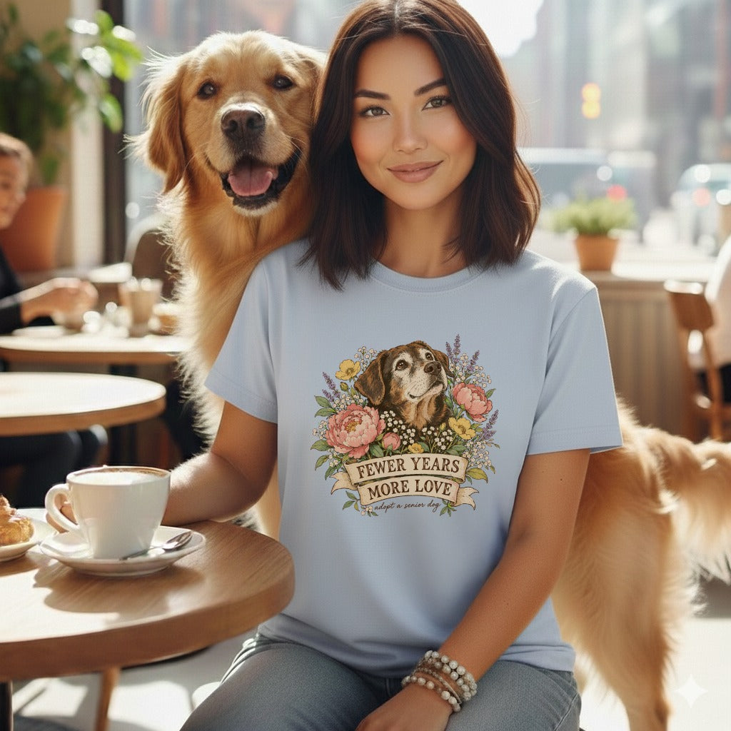 A smiling woman in a light blue t-shirt sits with a golden retriever in a cafe.