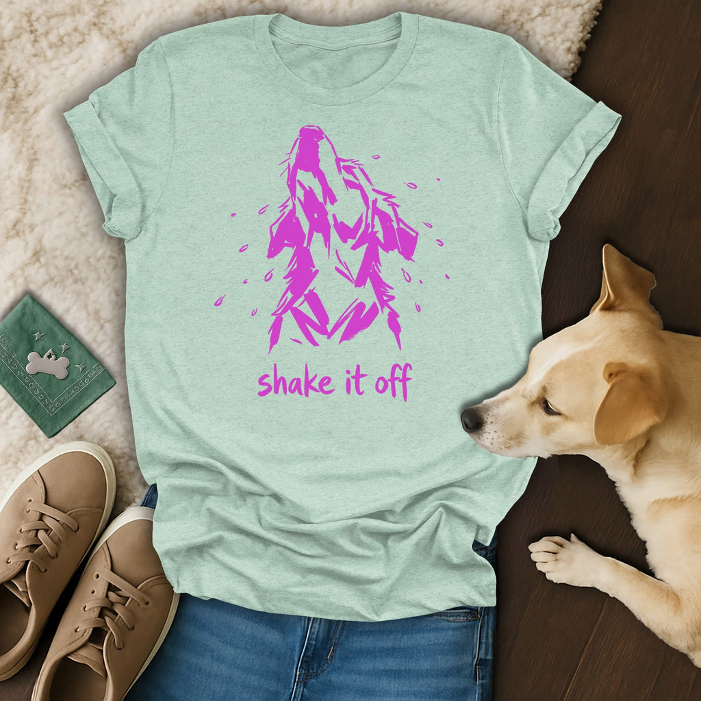 Light blue t-shirt with pink wolf graphic and "shake it off" text.