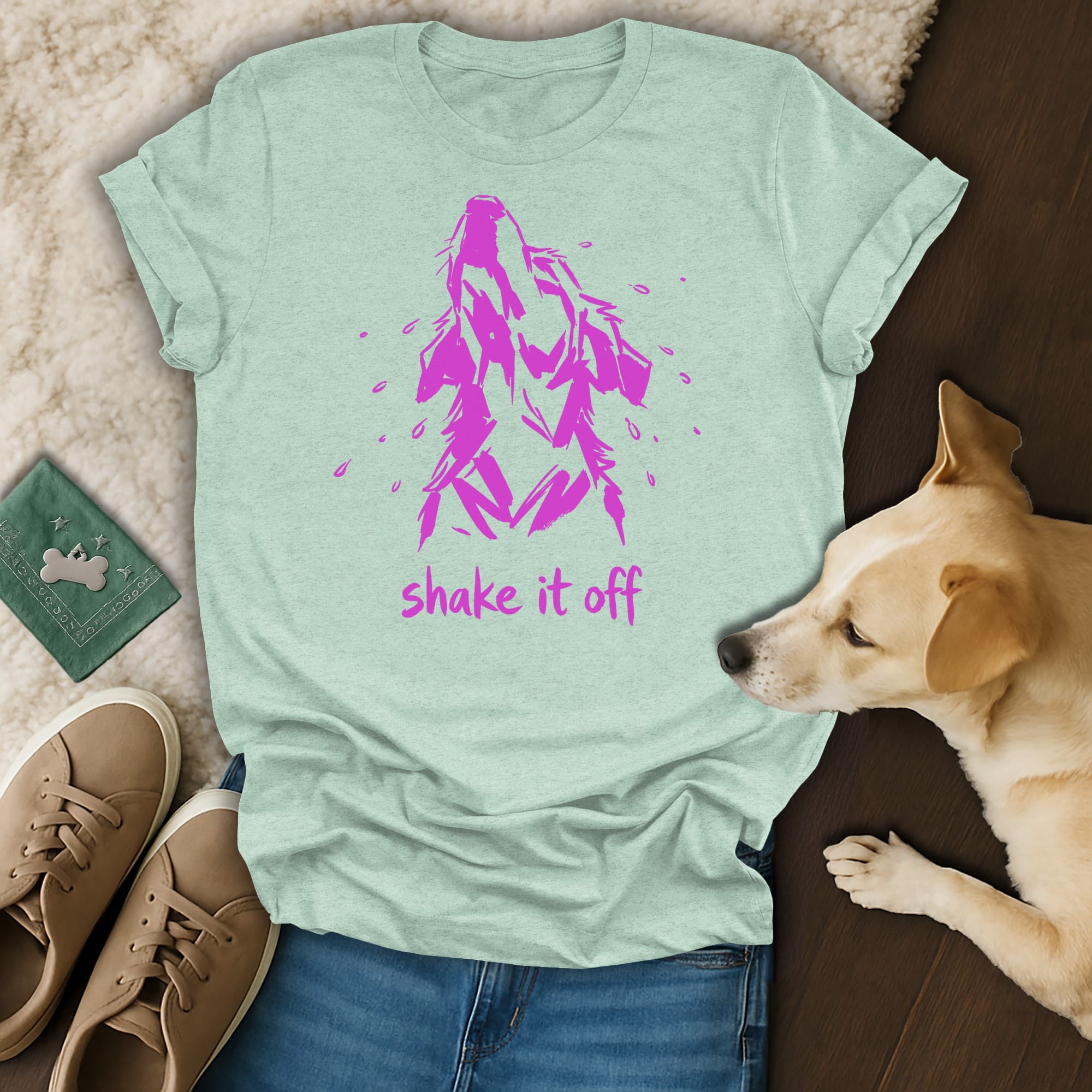 Light blue t-shirt with pink wolf graphic and "shake it off" text.