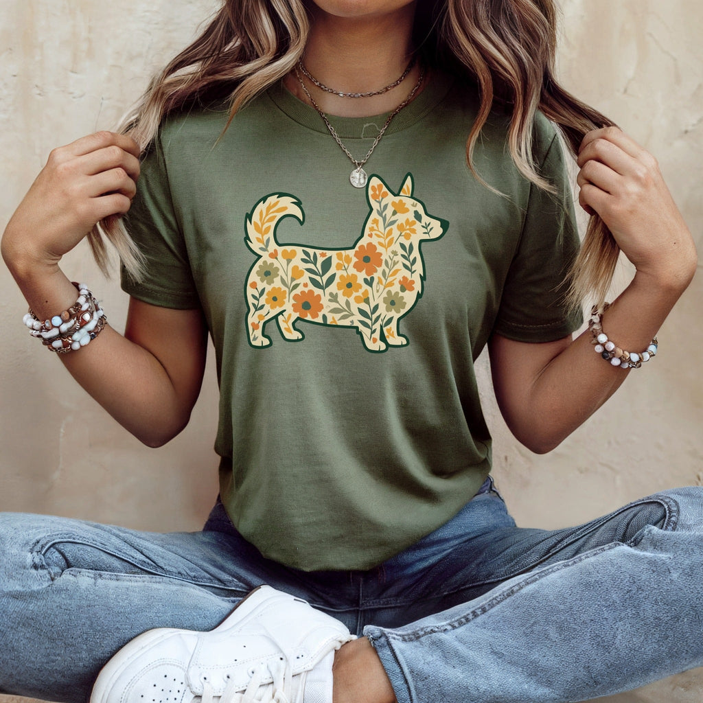 Floral Corgi Graphic Design Green Tee Shirt