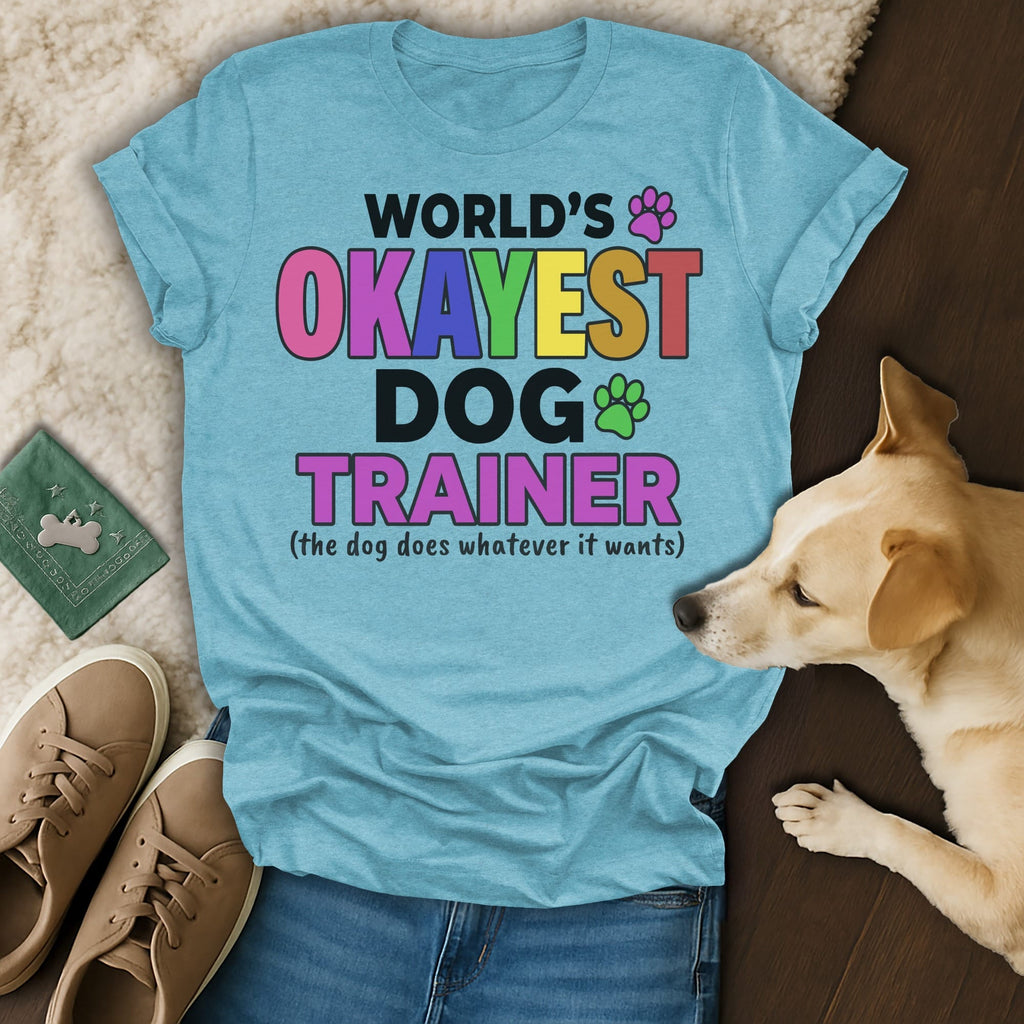 World's Okayest Dog Trainer t-shirt with paws and a dog.