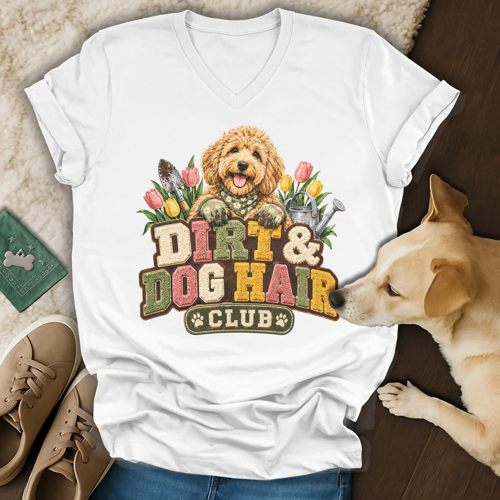 A white V-neck t-shirt featuring a colorful graphic of a fluffy dog surrounded by gardening tools and flowers with the text Dirt & Dog Hair Club.