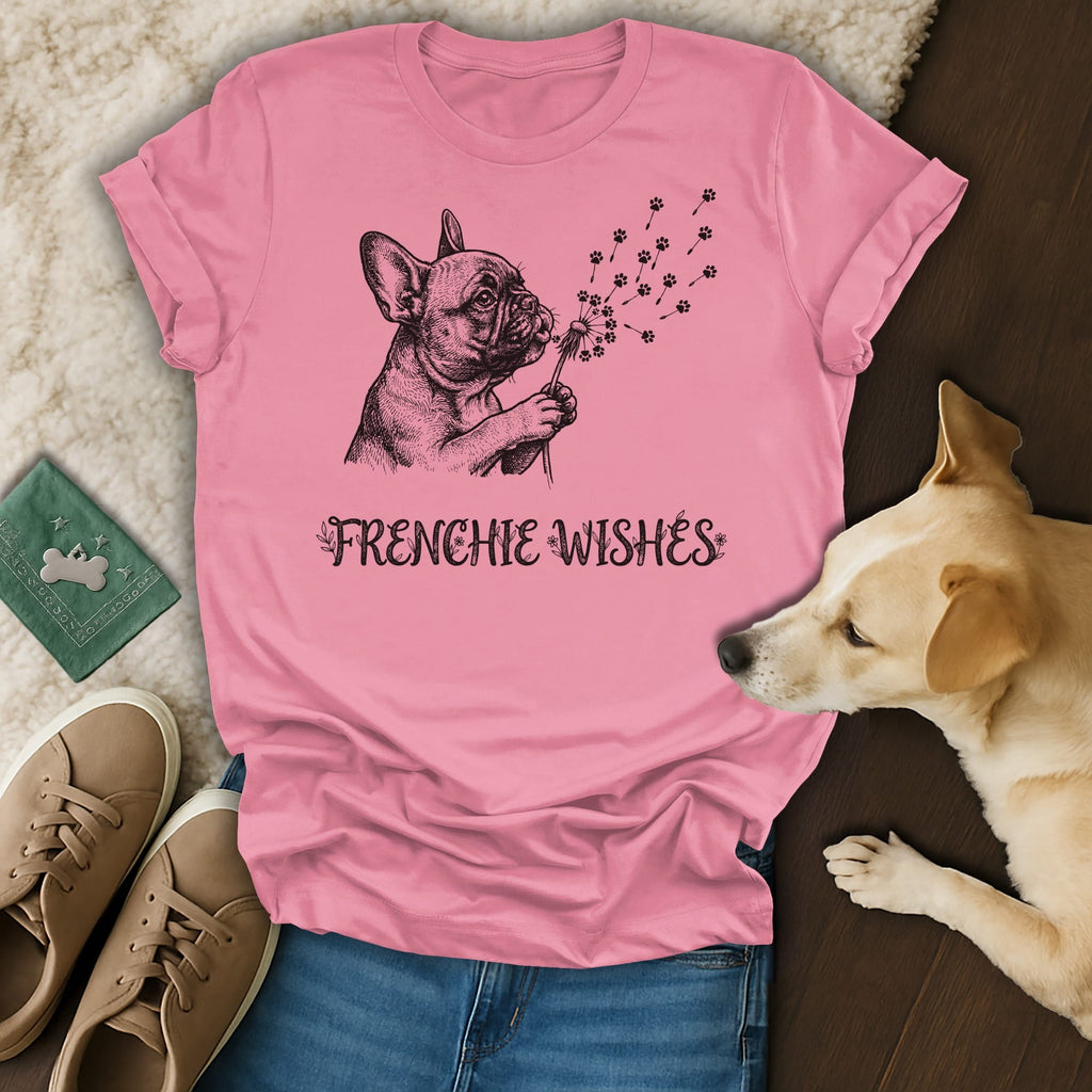 Pink t-shirt with French Bulldog blowing dandelion seeds, text "FRENCHIE WISHES".