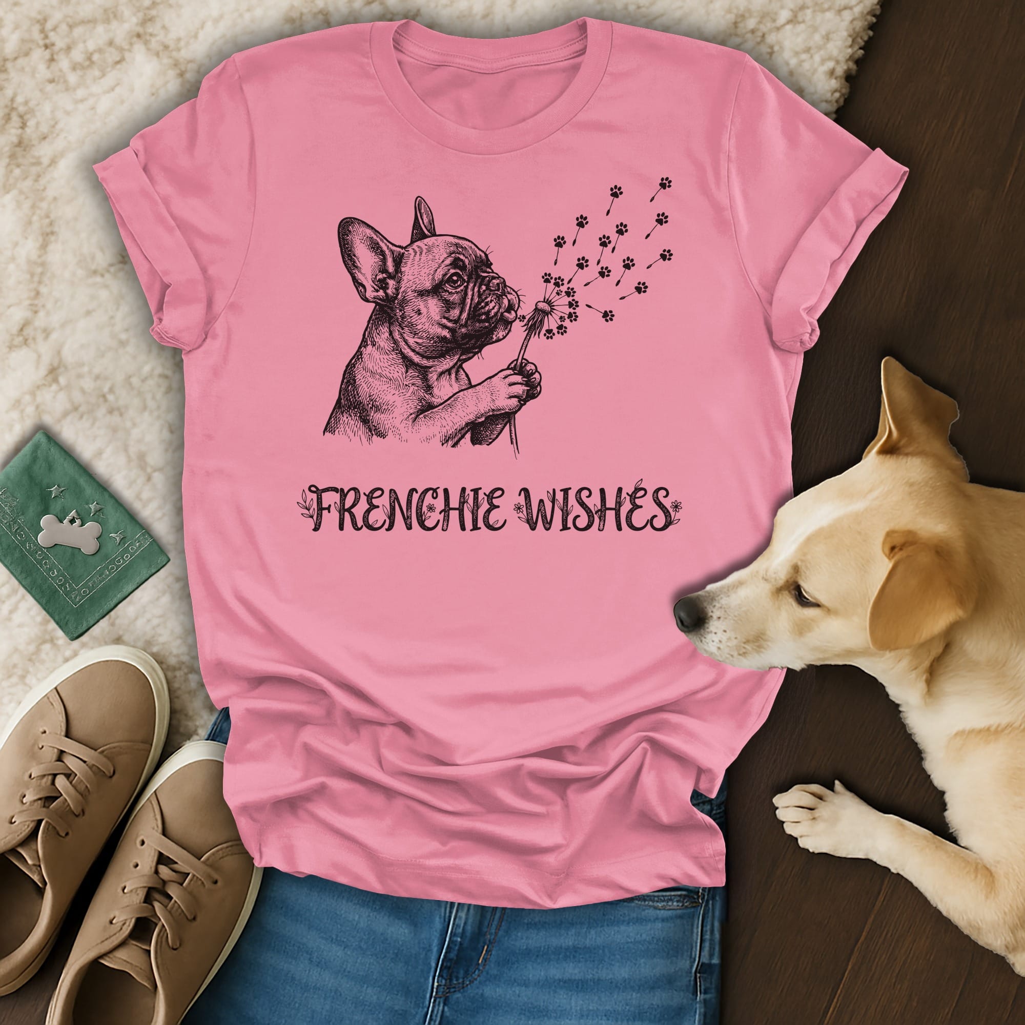 Pink t-shirt with French Bulldog blowing dandelion seeds, text "FRENCHIE WISHES".