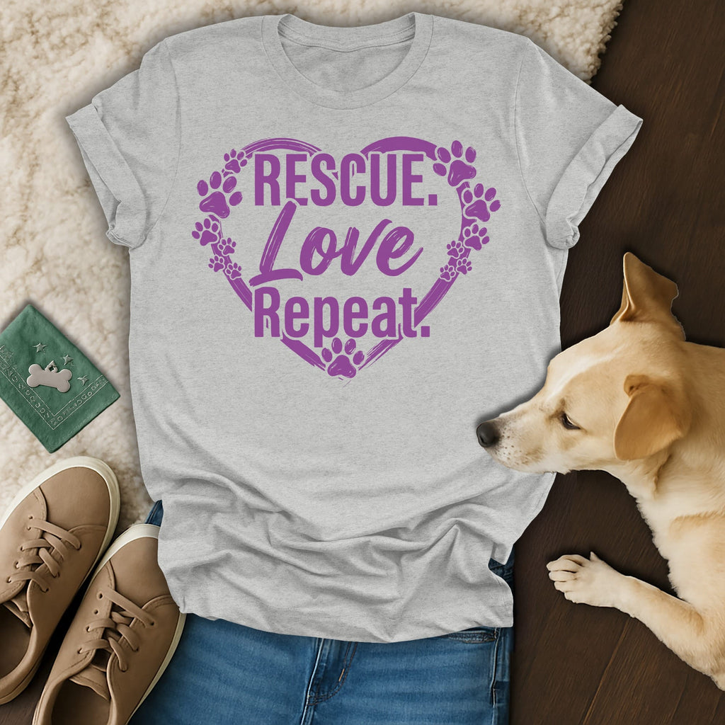 Grey t-shirt with "Rescue. Love. Repeat." and paw print heart graphic.