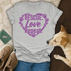 Grey t-shirt with "Rescue. Love. Repeat." and paw print heart graphic.