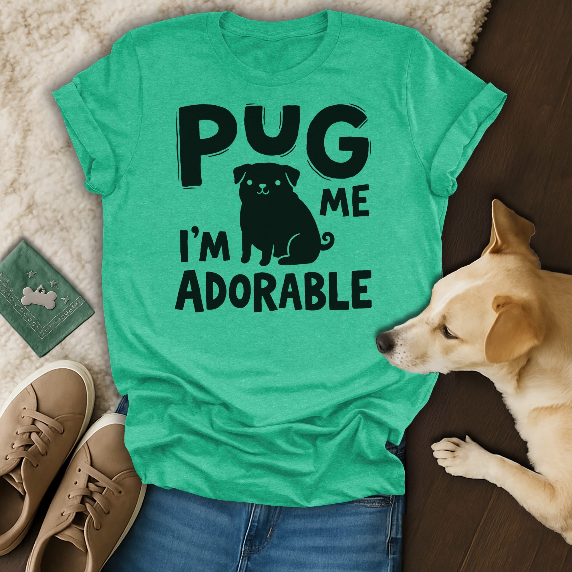Green t-shirt with "PUG ME I'M ADORABLE" text and a pug graphic.