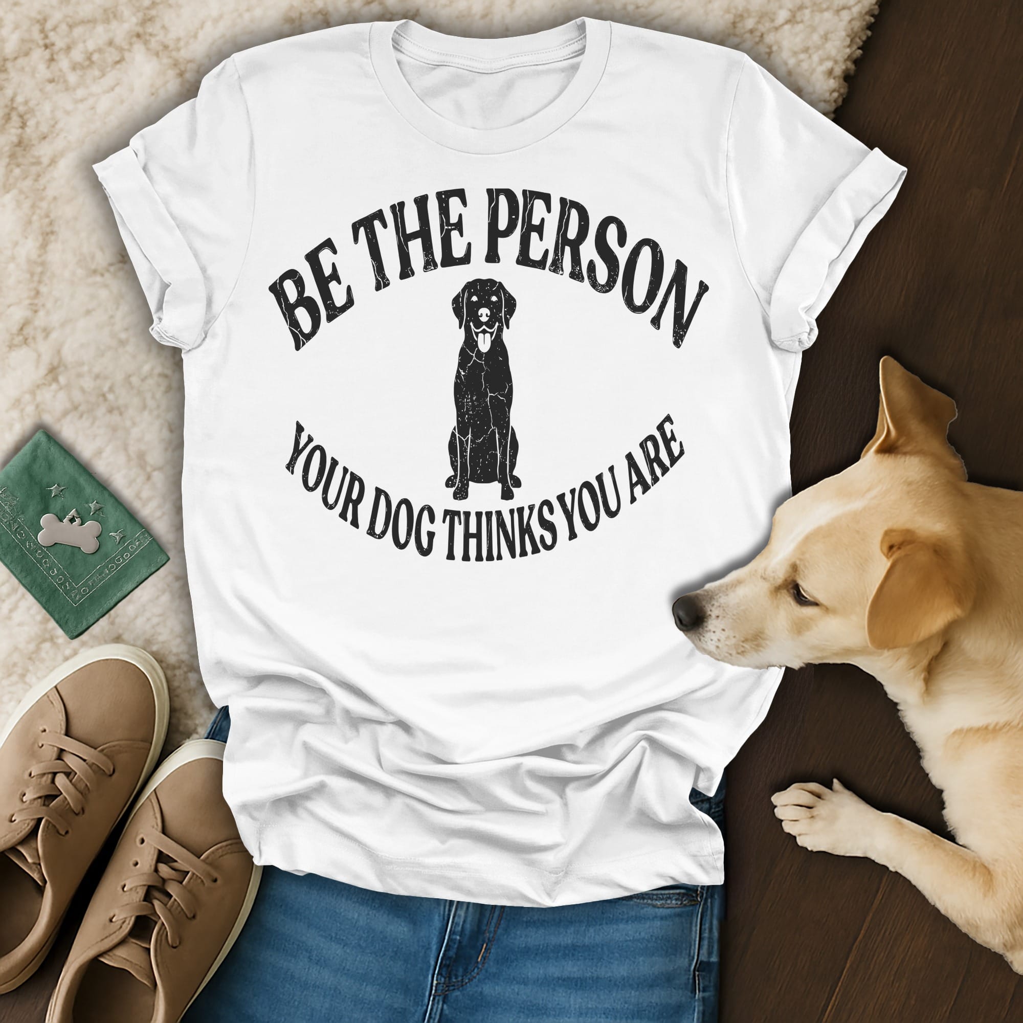 White t-shirt with black distressed text "BE THE PERSON YOUR DOG THINKS YOU ARE" and a dog silhouette.