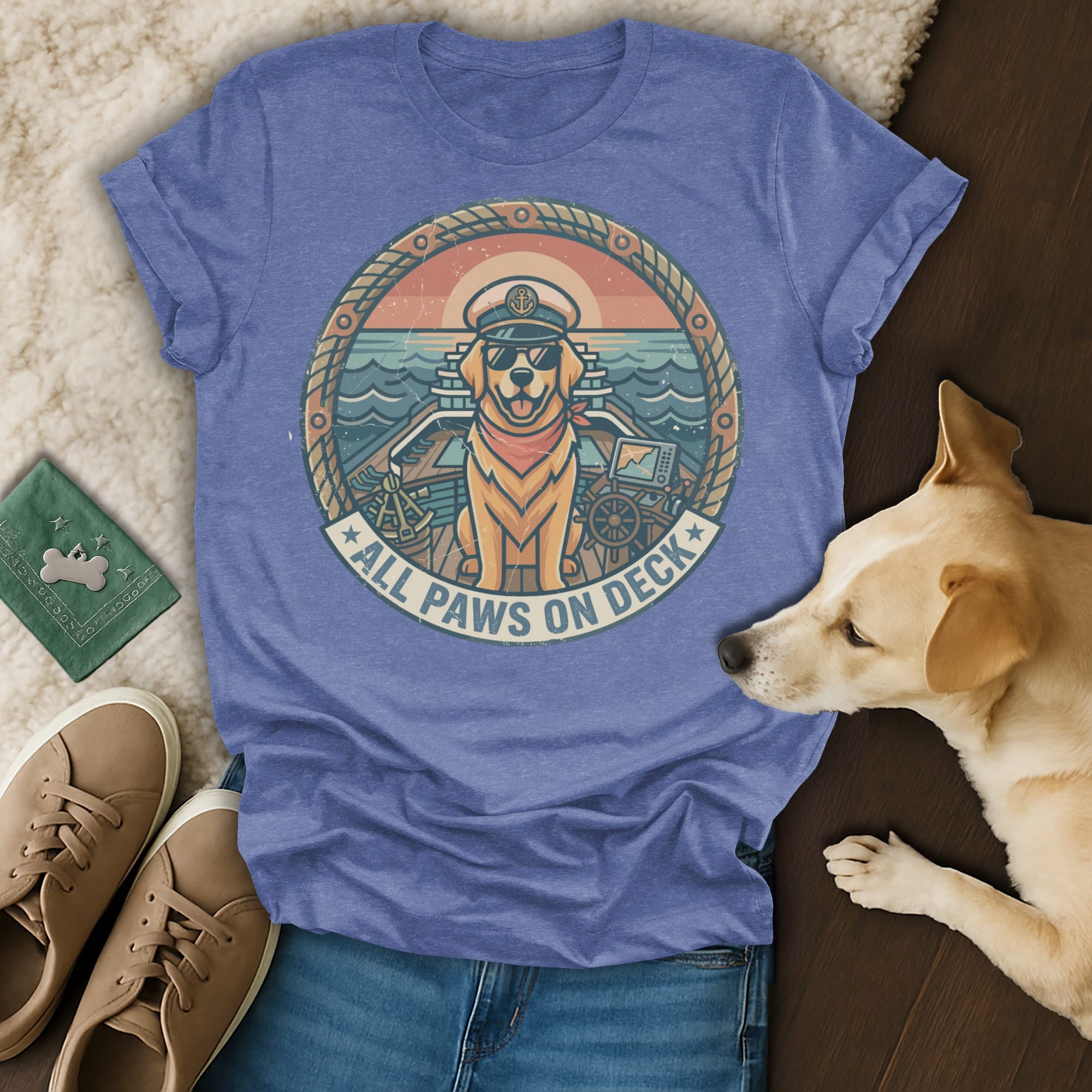 T-shirt with a golden retriever captain wearing sunglasses on a boat, with text "All Paws On Deck".