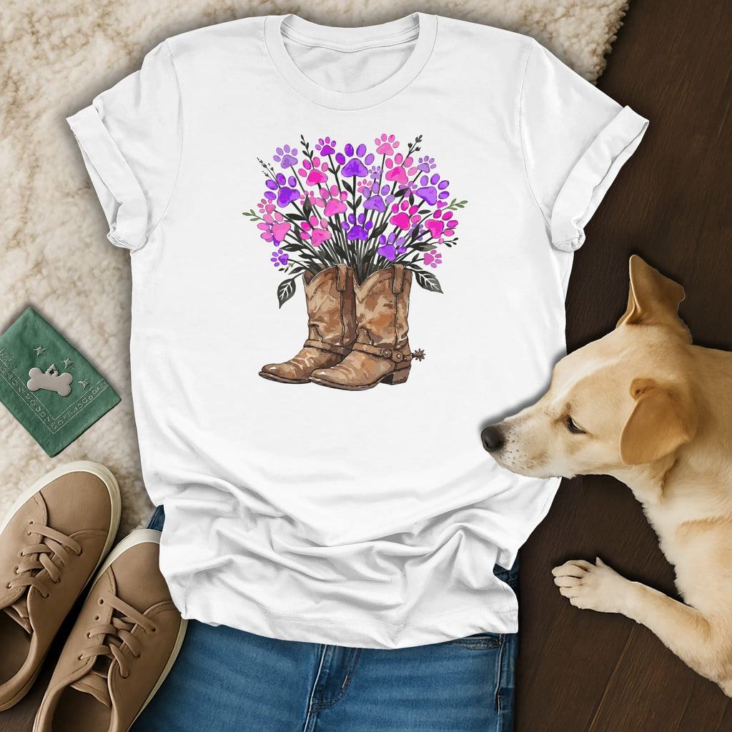 White t-shirt with floral boots graphic and dog resting on floor.