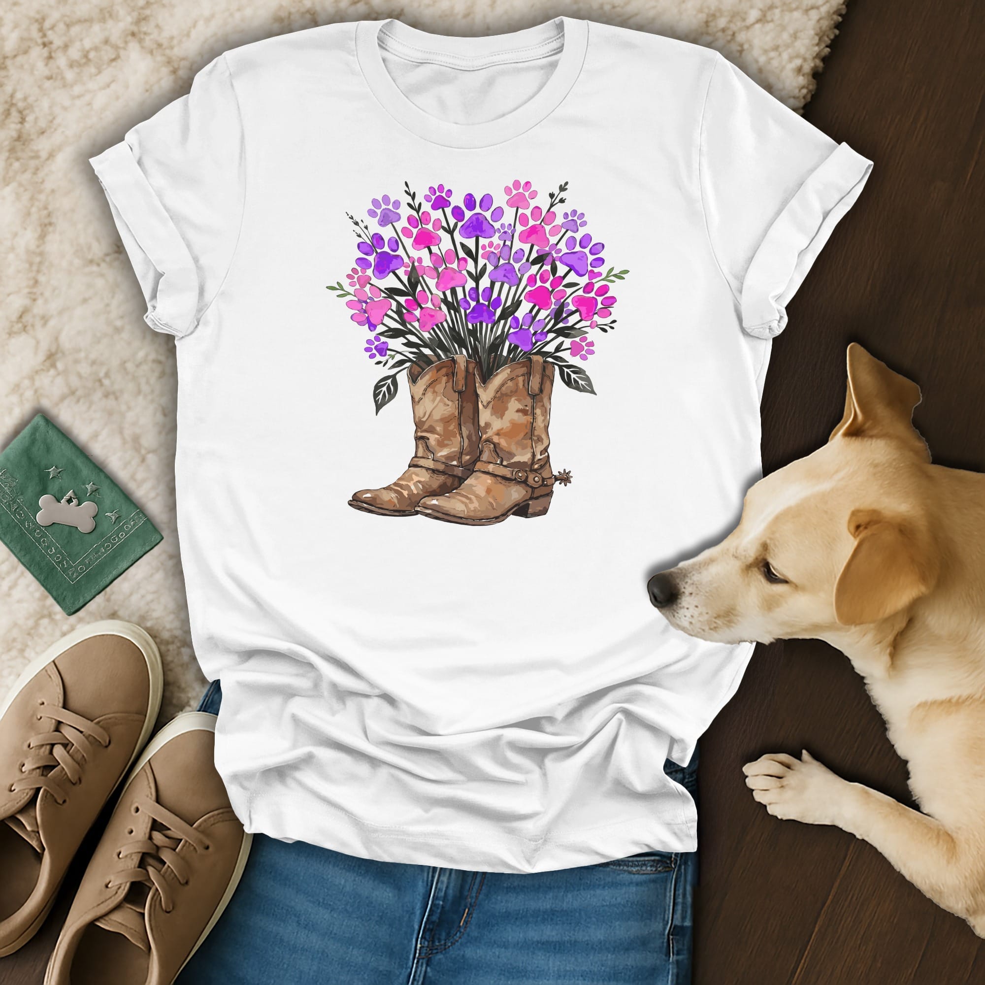 White t-shirt with floral boots graphic and dog resting on floor.