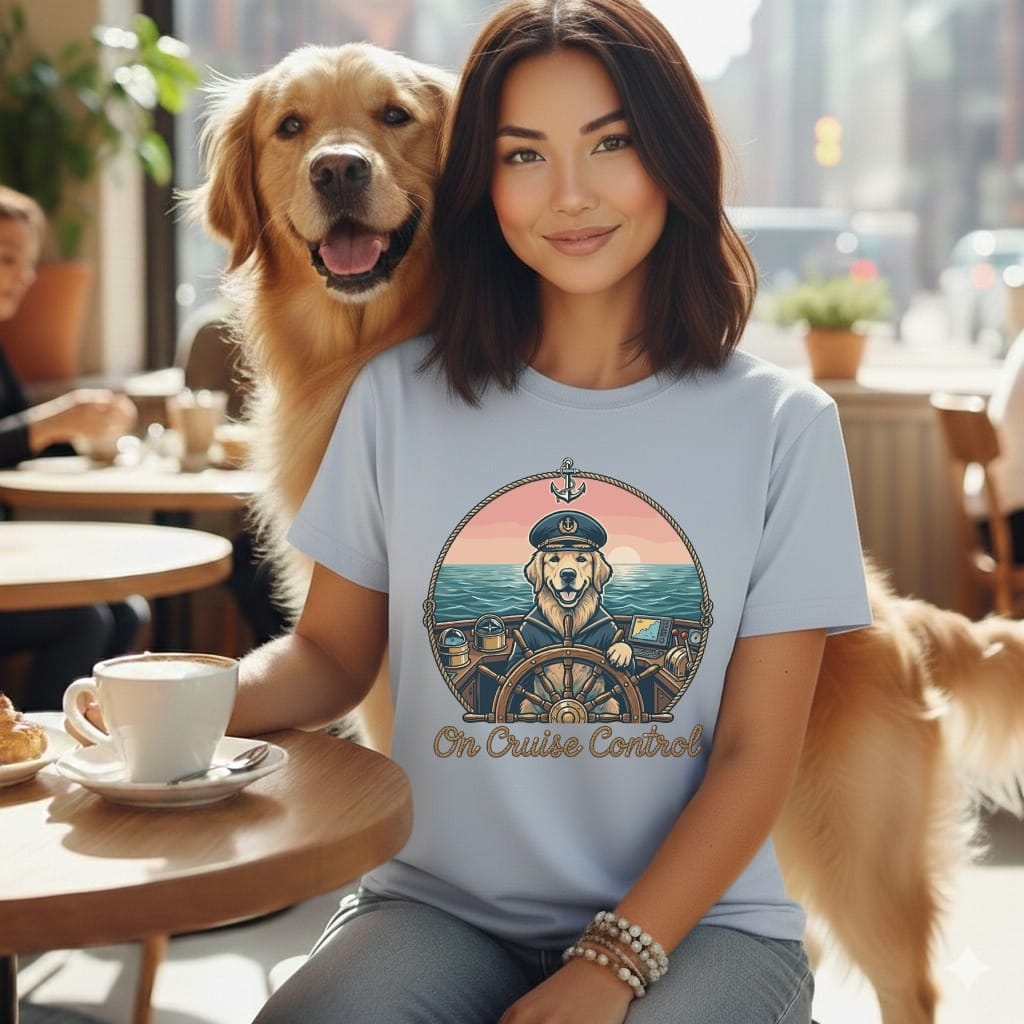 Woman and golden retriever in nautical themed t-shirt with ship wheel.
