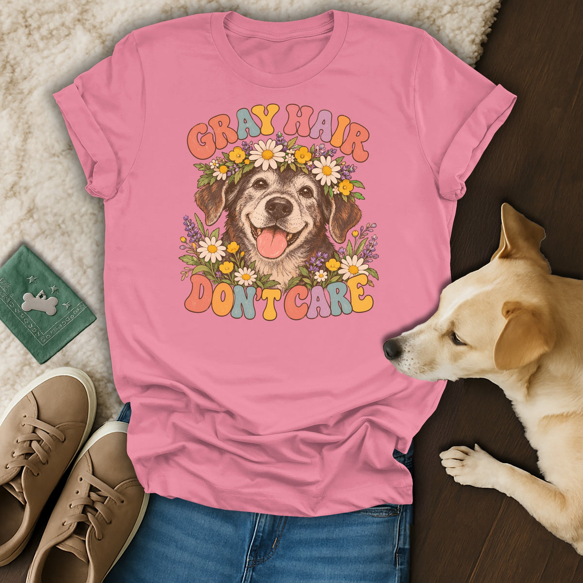 Pink t-shirt with a vintage dog graphic and the text Gray Hair Don't Care.