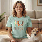 Woman wears mint green t-shirt with "I Love Dogs" graphic and dog illustrations.