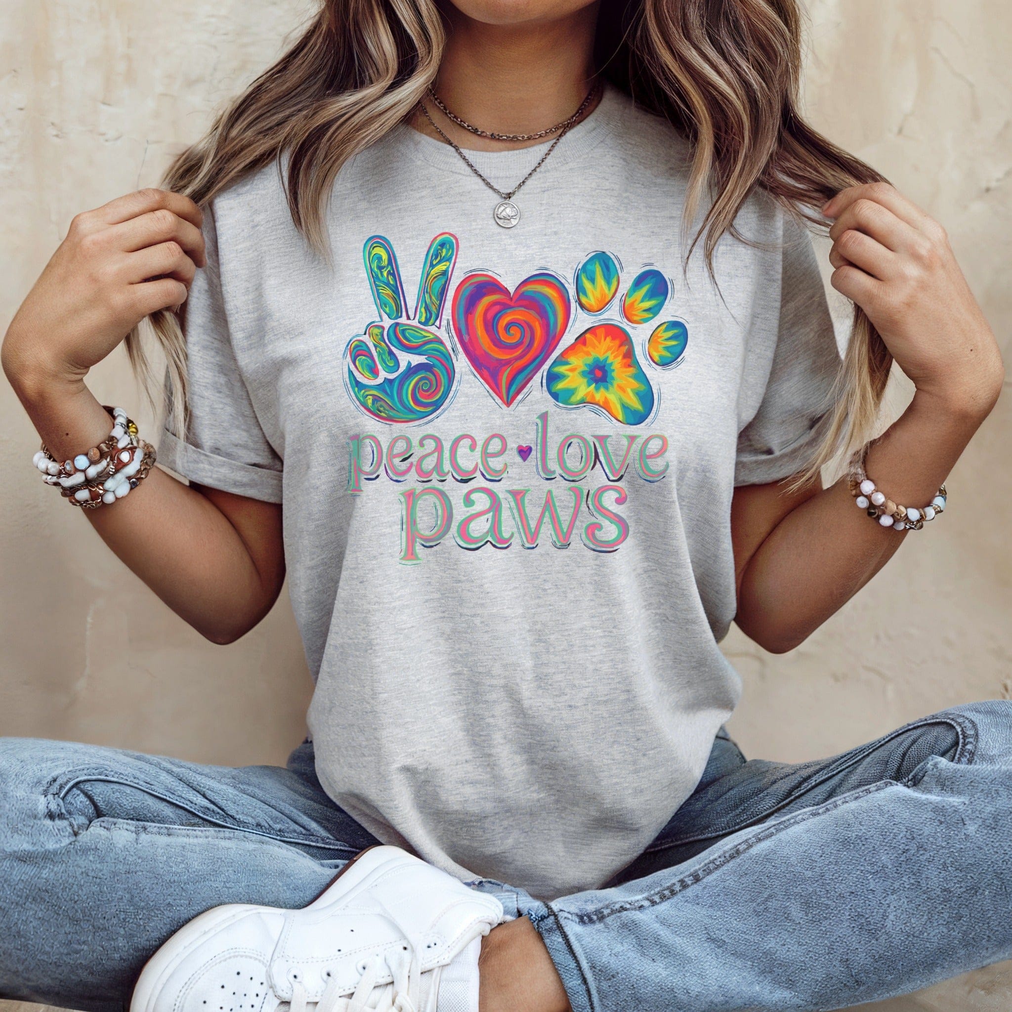 Peace Love Paws Design Graphic Shirt product type
peace sign
love heart
paw print
peace love paws
graphic tee
colorful design
hippie style
tie dye print
animal lover
pet owner
dog mom
cat mom
vibrant apparel
unique shirt
casual top
expressive fashion
retro aesthetic
boho design
dog paw
cat paw