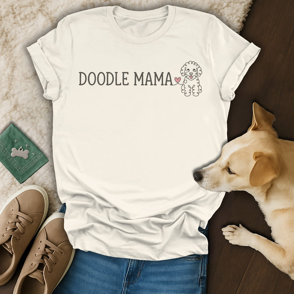Cream t-shirt with "Doodle Mama" text and a line-drawing poodle with pink heart.