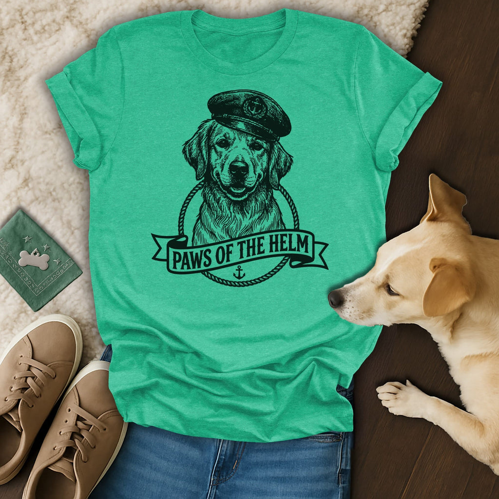T-shirt with a black line drawing of a golden retriever wearing a beret and anchor emblem.