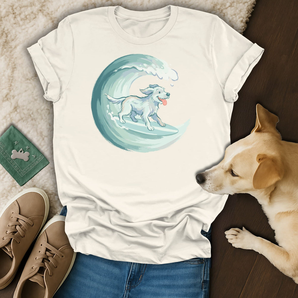 T-shirt with a white dog surfing a watercolor wave, set against a cream background.