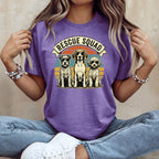 T-shirt with "Rescue Squad" text and three dogs sitting in front of a sunset.