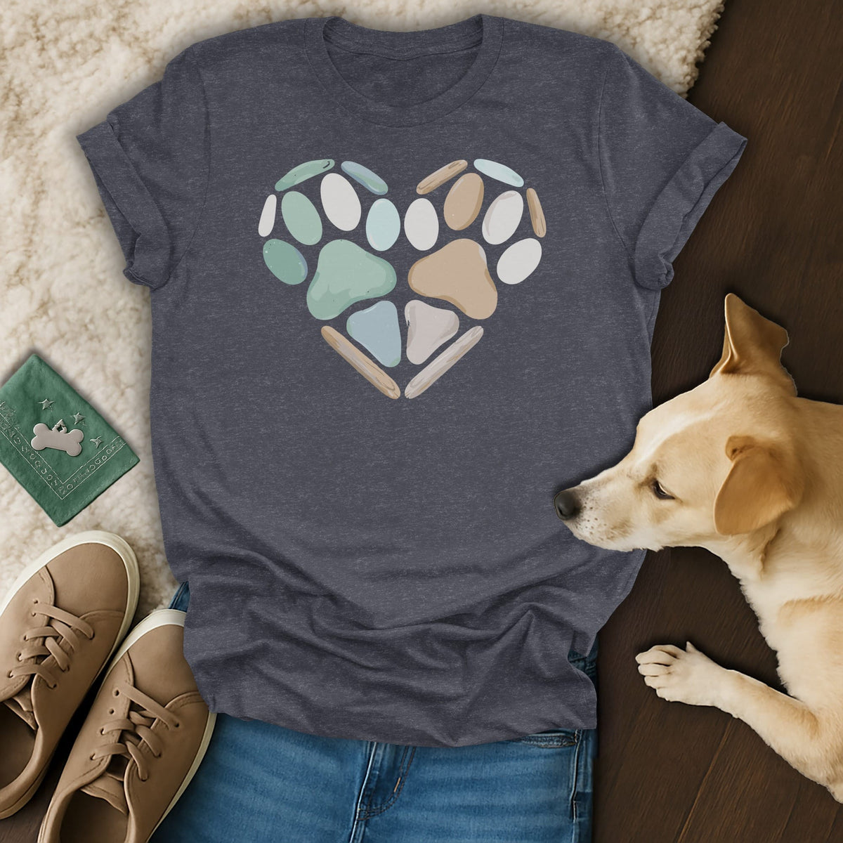 Dark grey t-shirt with a heart made of paw prints in various muted colors.