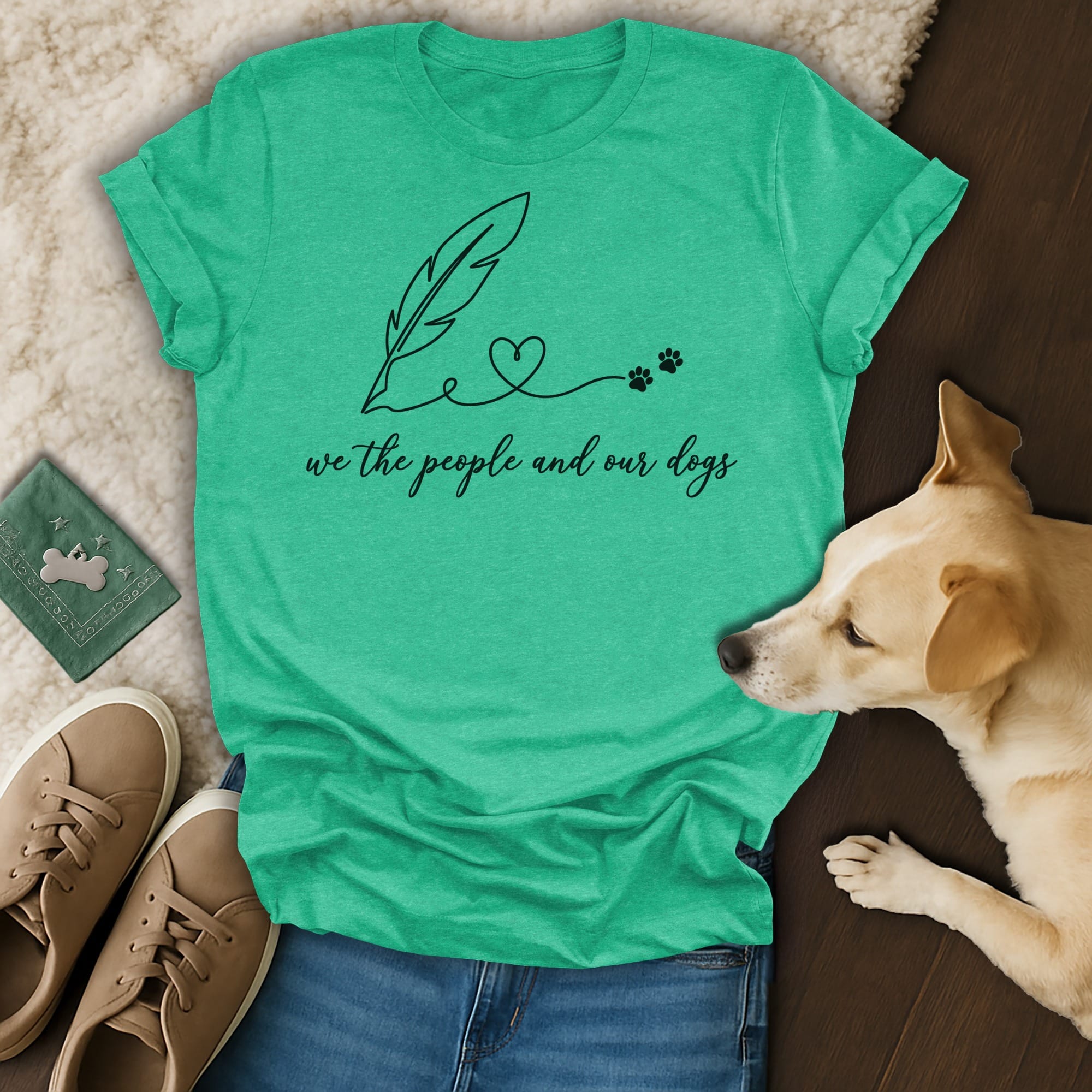 Green t-shirt with "we the people and our dogs" text, feather, and paw prints.