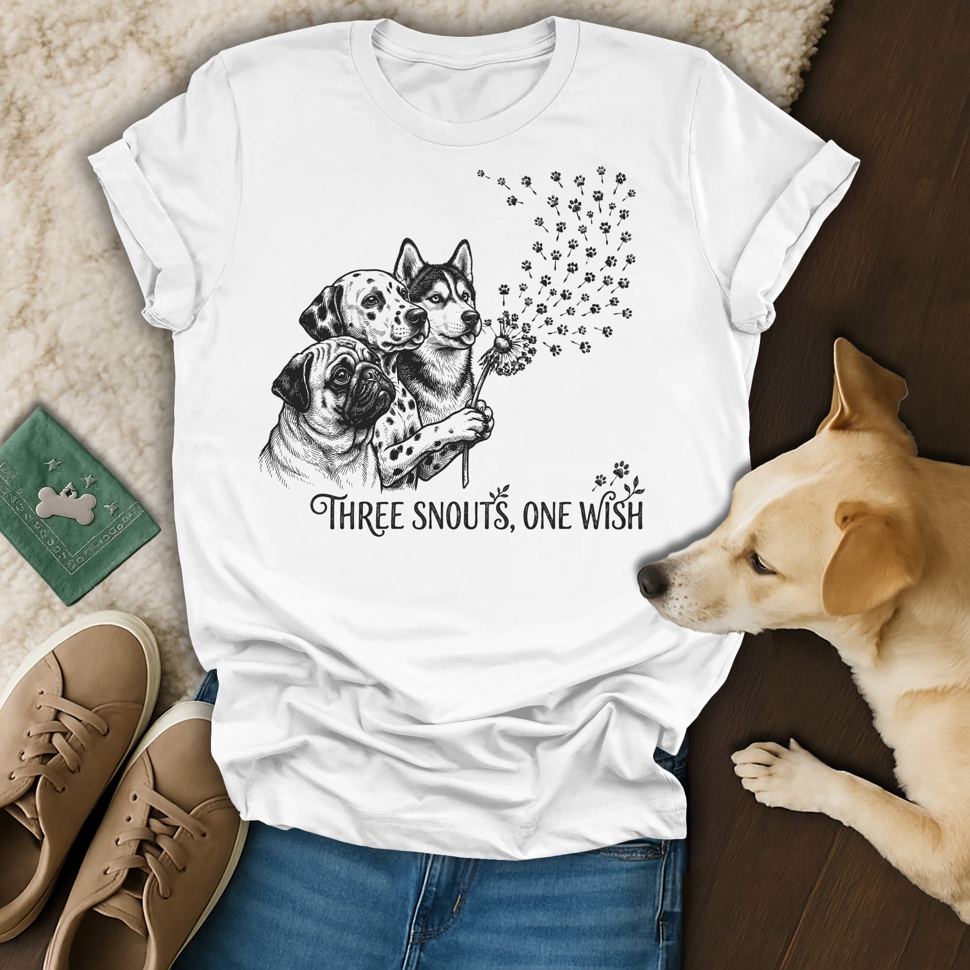 T-shirt with three dog breeds and dandelion seeds turning into paw prints.