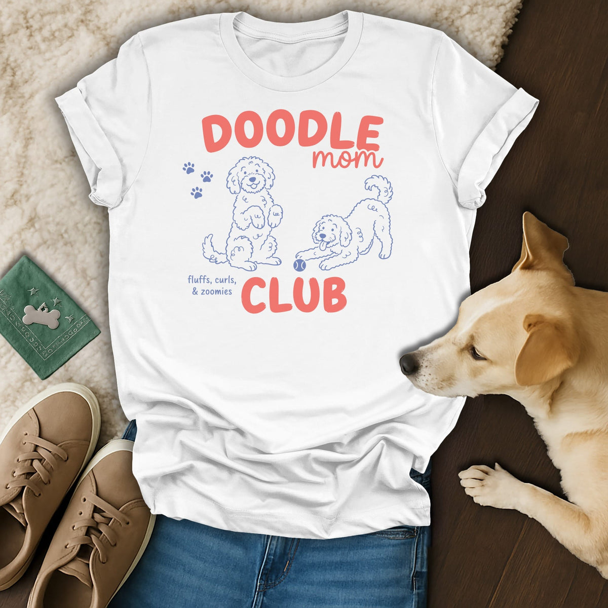 White t-shirt with "Doodle mom" and "CLUB" text and doodle dog illustrations.