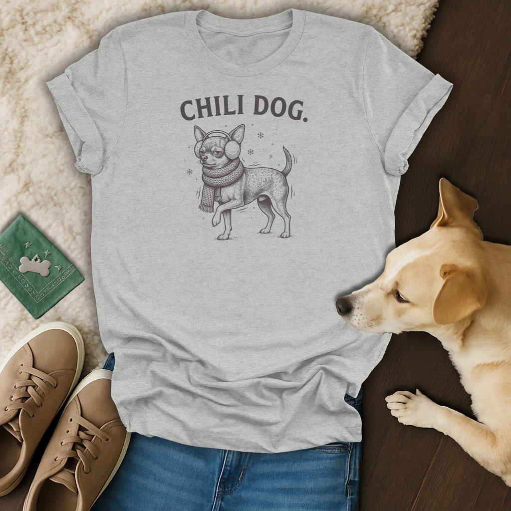 Grey t-shirt with "CHILI DOG." text and illustration of a dog in winter accessories.