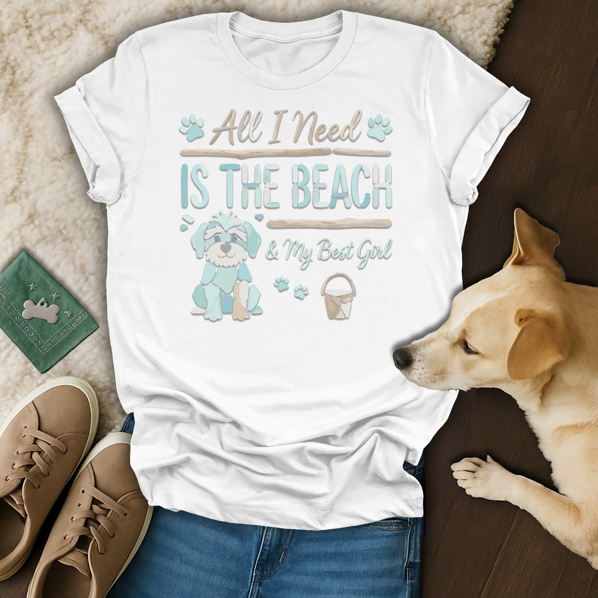White t-shirt with "All I Need Is The Beach & My Best Girl" text and dog graphic.