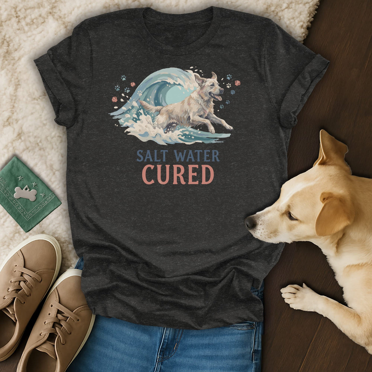 T-shirt with golden retriever running through waves, text "Salt Water Cured".