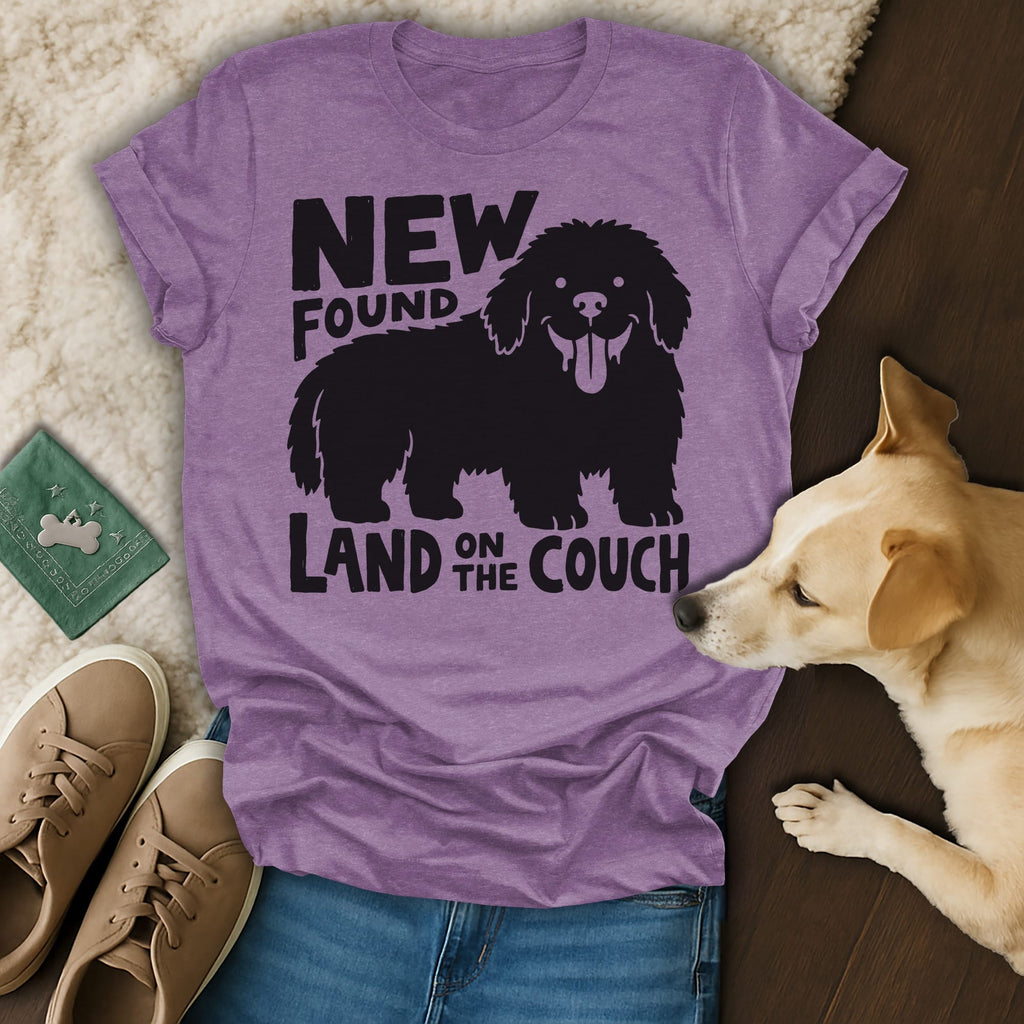 Black silhouette of a happy dog on a purple t-shirt that reads "New Found Land on the Couch".